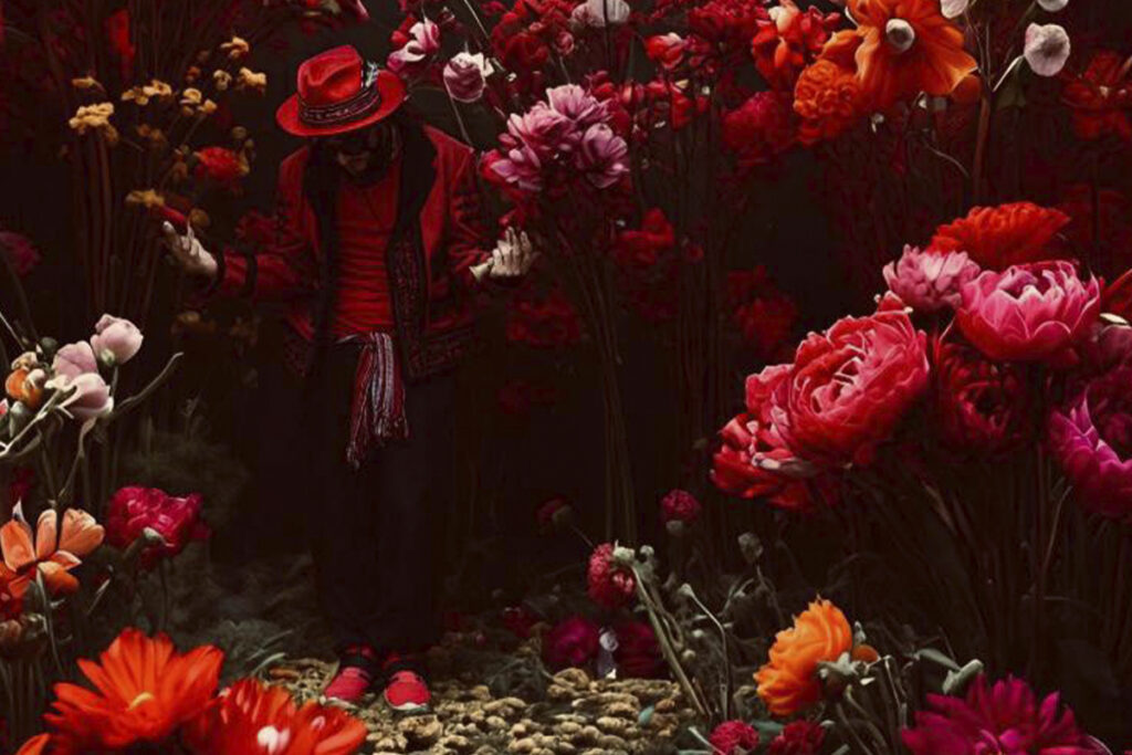 Doctor Nativo, vestido completamente de rojo, avanza entre flores de gran tamaño en tonos intensos, en una escena surrealista que evoca misticismo, identidad y conexión con la naturaleza.