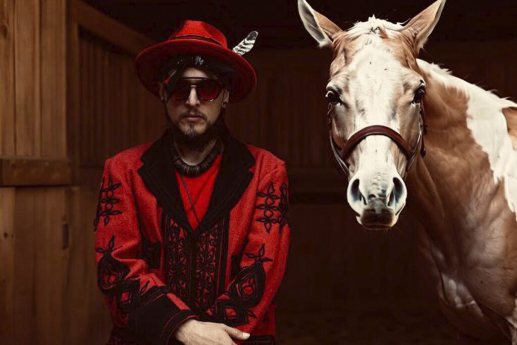 Doctor Nativo, vestido completamente de rojo con detalles negros y un caballo al lado.