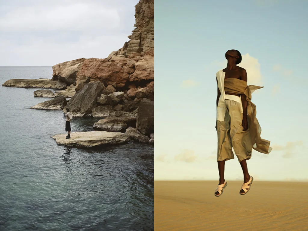 Díptico editorial de moda contemporánea con paisaje costero y retrato minimalista de estética cinematográfica.
