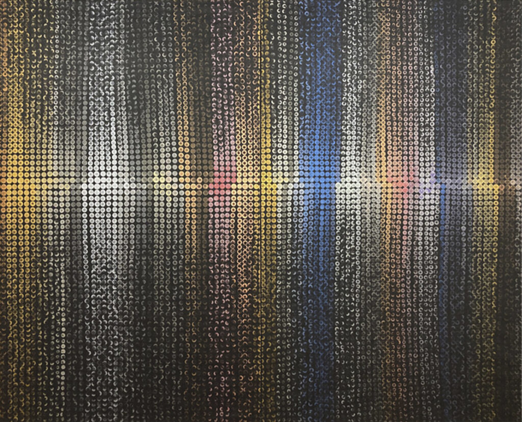 Pintura abstracta borrosa con franjas ondulantes amarillas, verdes, moradas y naranjas de Ilan Liberman.