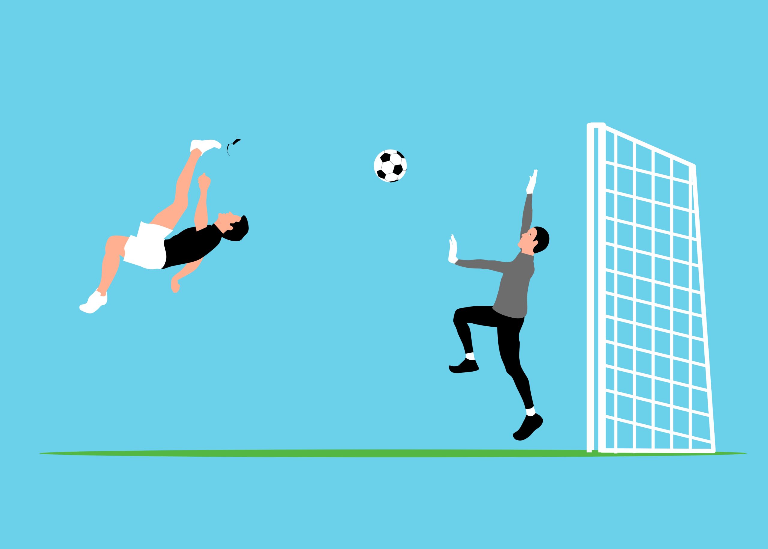 Ilustración digital de estilo plano sobre fondo azul claro que muestra a un futbolista realizando una chilena en el aire. El balón vuela hacia la portería blanca, donde un portero con camiseta gris, pantalones negros y guantes blancos salta extendiendo los brazos para intentar detenerlo.