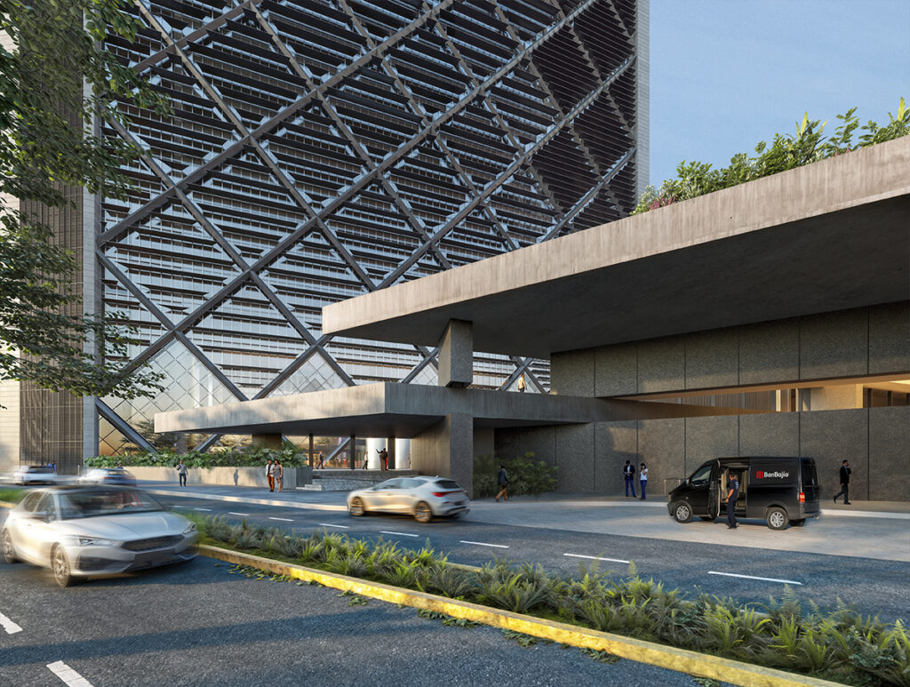 View from the avenue leading to the vehicle entrances and the structural engineering facade of the BanBajío Tower.