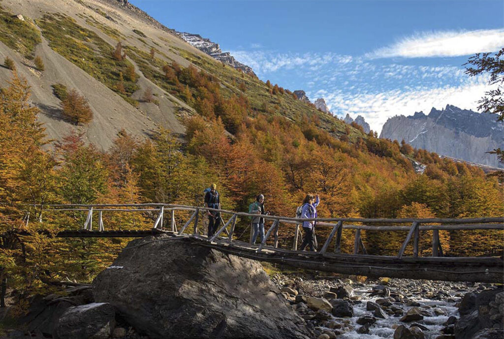 Grupo de senderistas cruza un puente sobre un arroyo rodeado de bosque y montañas.