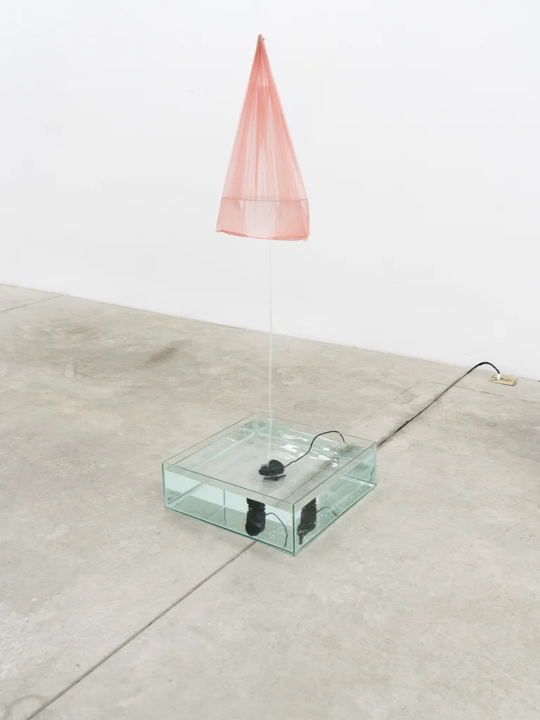 Instalación artística contemporánea de Kiah + Ivan en Galería Tiro al Blanco, Guadalajara, compuesta por un depósito de vidrio con agua, una bomba sumergida y una estructura cónica de malla rosa suspendida sobre un flujo vertical de agua, exhibida en un espacio minimalista de paredes blancas y piso de concreto.