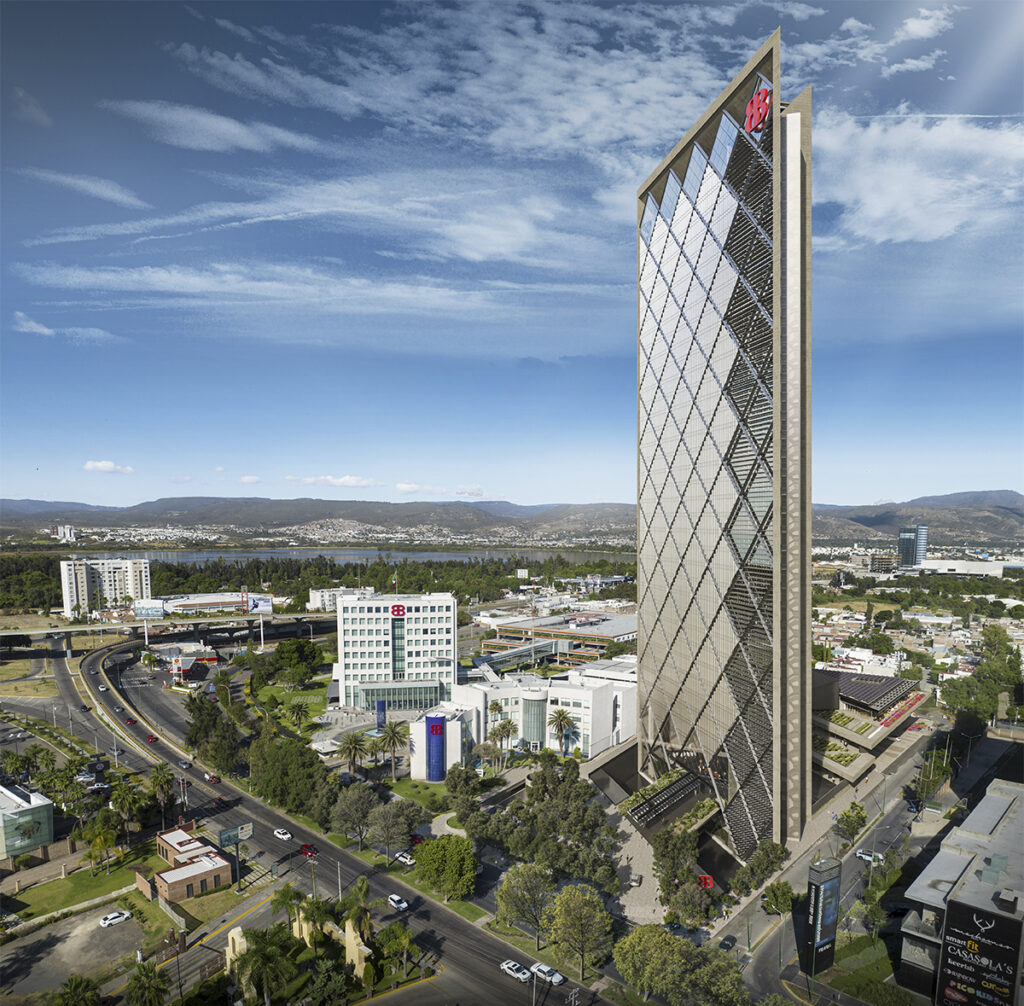 A general aerial view of the BanBajío Corporate Tower skyscraper, blending the historic branch and the urban landscape of León.