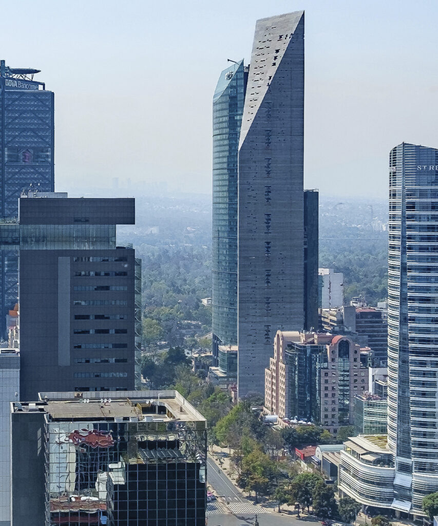 Panoramic view of Torre Reforma on Paseo de la Reforma in Mexico City, designed by Benjamín Romano.