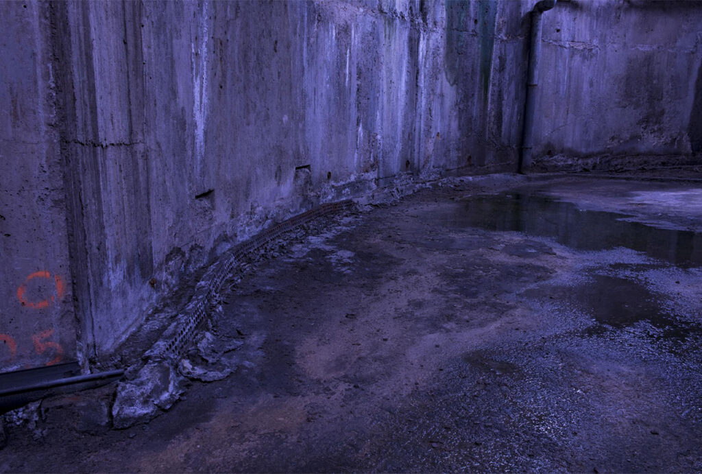 Espacio industrial de concreto con muros desgastados, suelo húmedo y luz azulada que evoca un ambiente de abandono.