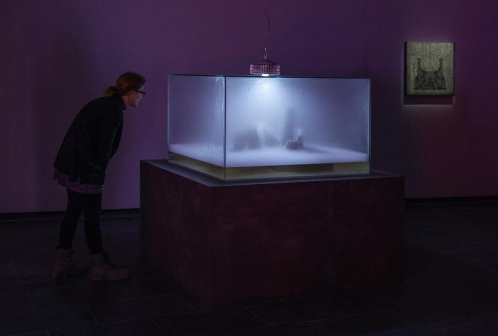 Visitante observando una instalación dentro de una vitrina cubierta parcialmente por condensación que difumina la arquitectura en su interior.