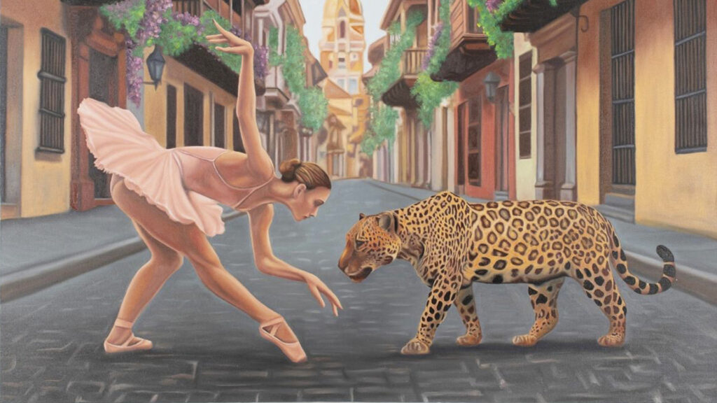 Una bailarina de ballet frente a un jaguar en una calle colonial colombiana, pintura de María Mercado.