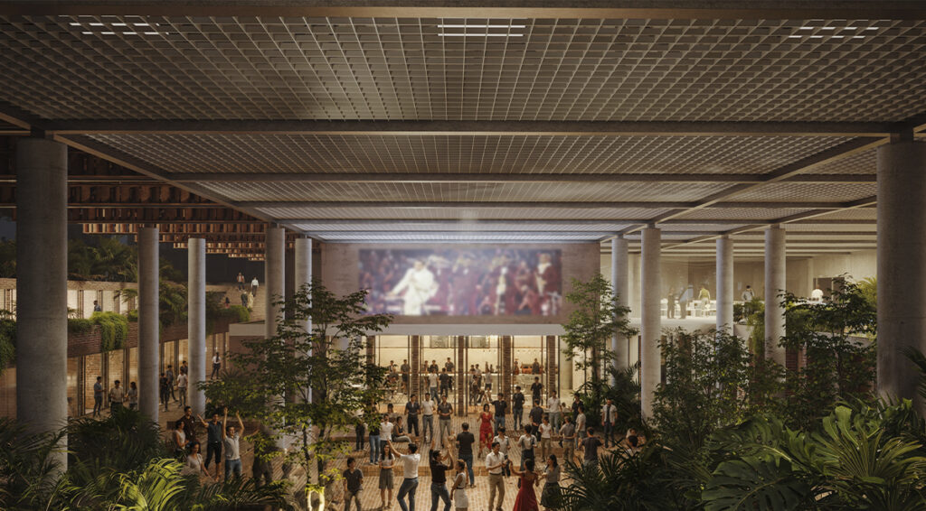 Render del vestíbulo principal de la nueva sede del MAC Panamá con conexión a patios y jardines interiores.