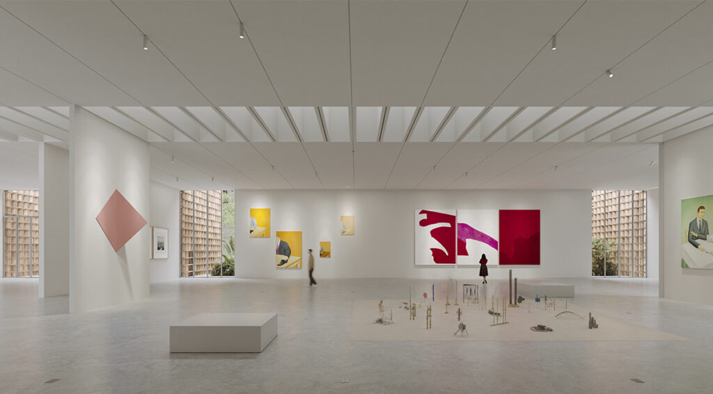 Render del interior de una de las salas de exposición de la nueva sede del MAC Panamá.