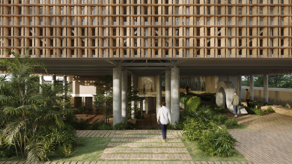 Render del acceso ajardinado de la nueva sede del Museo de Arte Contemporáneo de Panamá.