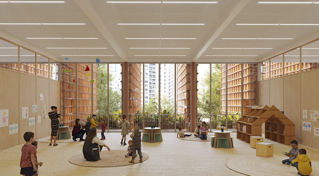 Render del área educativa infantil de la nueva sede del Museo de Arte Contemporáneo de Panamá.