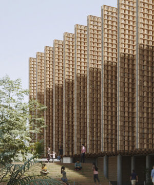 Fachada de la nueva sede del Museo de Arte Contemporáneo de Panamá diseñada por Palma + Taller TO, con una celosía que protege del sol y mejora el desempeño ambiental del edificio.
