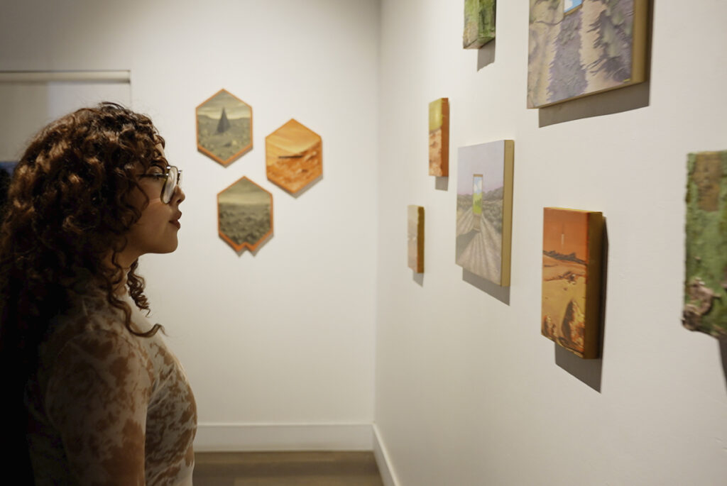 Perfil de una mujer contemplando pequeños cuadros al óleo de paisajes desérticos colgados en serie sobre la pared blanca de una sala de exhibición en Baja California.