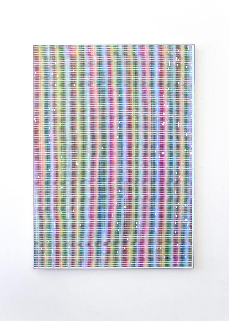 A rectangular work by Gonzalo Reyes-Araos consisting of a dense grid of small vertical lines in red, green, and blue on a white background.