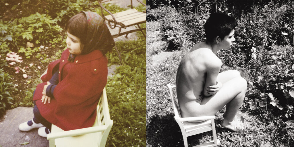 Díptico compuesto por una fotografía a color de una niña sentada en un jardín y un autorretrato en blanco y negro de una persona desnuda sentada de perfil.