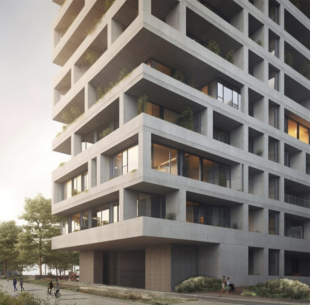 Edificio contemporáneo de concreto con terrazas, grandes ventanales y vegetación integrada en la fachada.