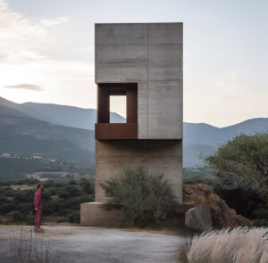 Volumen vertical de concreto aparente con una gran abertura rectangular, integrado en un paisaje montañoso.