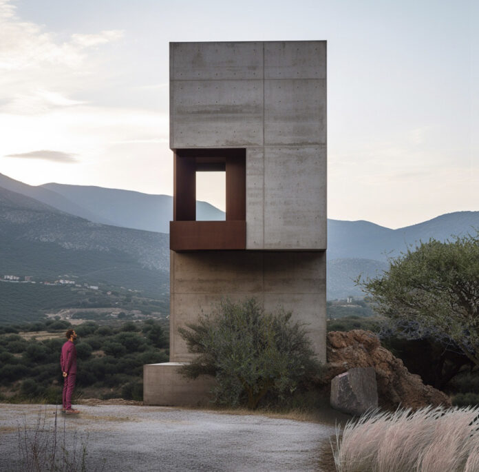 Volumen vertical de concreto aparente con una gran abertura rectangular, integrado en un paisaje montañoso.