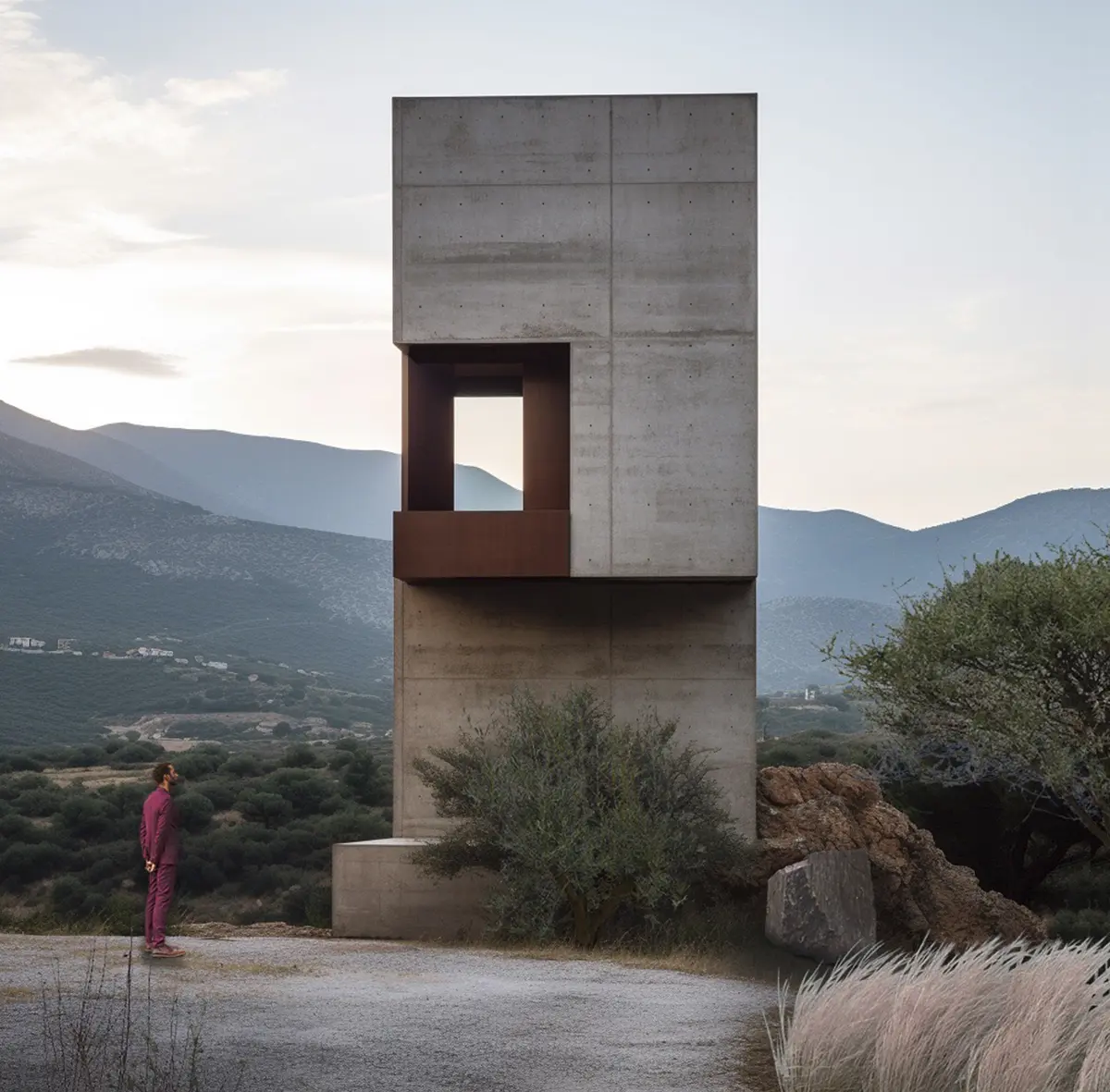 Volumen vertical de concreto aparente con una gran abertura rectangular, integrado en un paisaje montañoso.