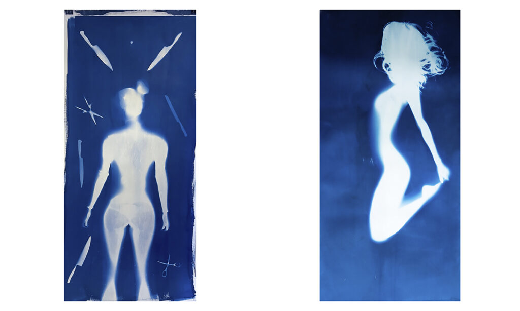 Cianotipias de Mariajosé Fernández-Plenge que representan siluetas del cuerpo humano mediante autorretratos experimentales en tonos azules.