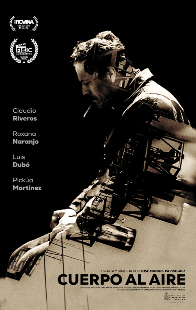 Cartel del cortometraje chileno Cuerpo al aire, con la figura de un hombre superpuesta a un paisaje industrial.