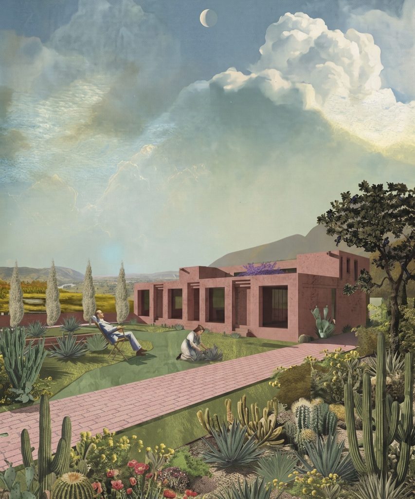 Representación de Casa Larsen con una vivienda de tonos rosados rodeada de jardines, agaves y cactáceas.