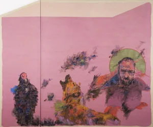 A painting by David Robledo on a pink background in which human and animal figures are intertwined through gestural brushstrokes in dark, blue, violet, and orange tones.