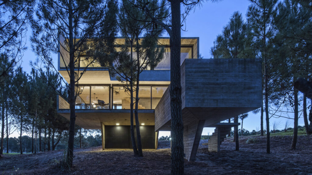 Vivienda de hormigón de Luciano Kruk integrada en un paisaje arbolado en Argentina.
