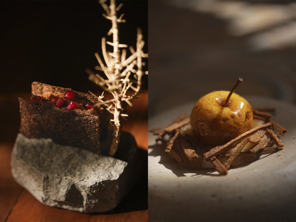 Postres de Pulpería Santa Elvira con manzana confitada y otra creación inspirada en el paisaje chileno.