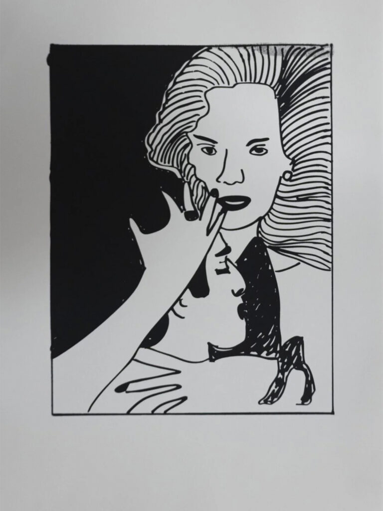 Obra en blanco y negro de Maripaz Jaramillo que representa a dos mujeres frente a frente; una sostiene un cigarrillo mientras la otra acerca el rostro hacia ella.