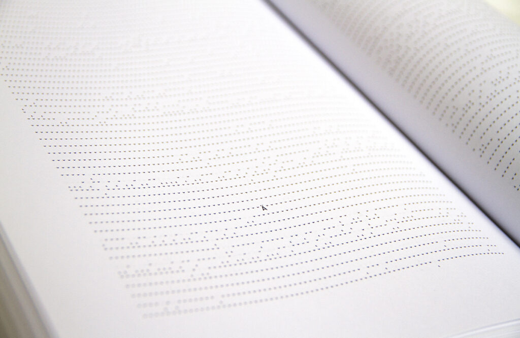 An open book with pages covered in numerous lines of small characters and symbols that form a barely perceptible image.