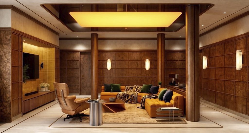 Sala interior con revestimientos de madera, columnas, mobiliario en tonos cálidos e iluminación integrada.