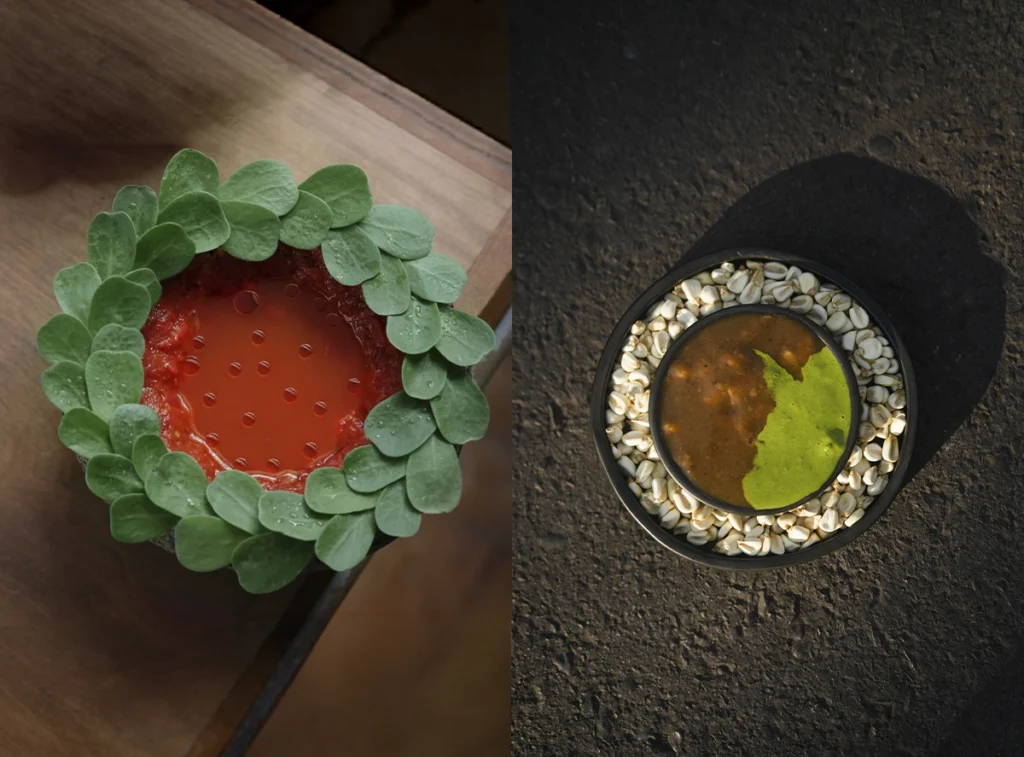 Platos de tomate y patasca presentados con una estética contemporánea en Pulpería Santa Elvira.