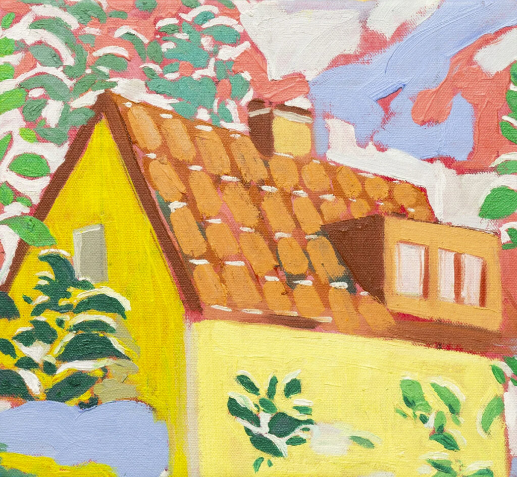 Pintura de Valeria Alfonso de una casa amarilla con techo de tejas naranjas, rodeada de vegetación y formas en verdes, rosas, azules y blancos