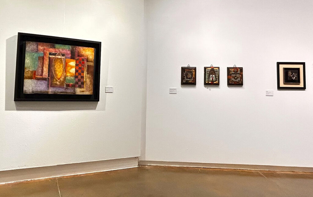 Paintings and works of art on display in a gallery at the Tamaulipas Museum of Contemporary Art.
