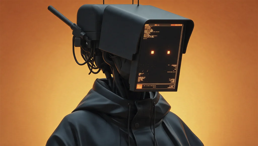 Image of a humanoid figure dressed in black, with cables, antennas, and a digital screen in place of a face, against a background illuminated in shades of orange. The photograph is part of the materials for *Radical Optimism*, an exhibition by ZⓈONAMACO LAB at CASA HOTBOOK.
