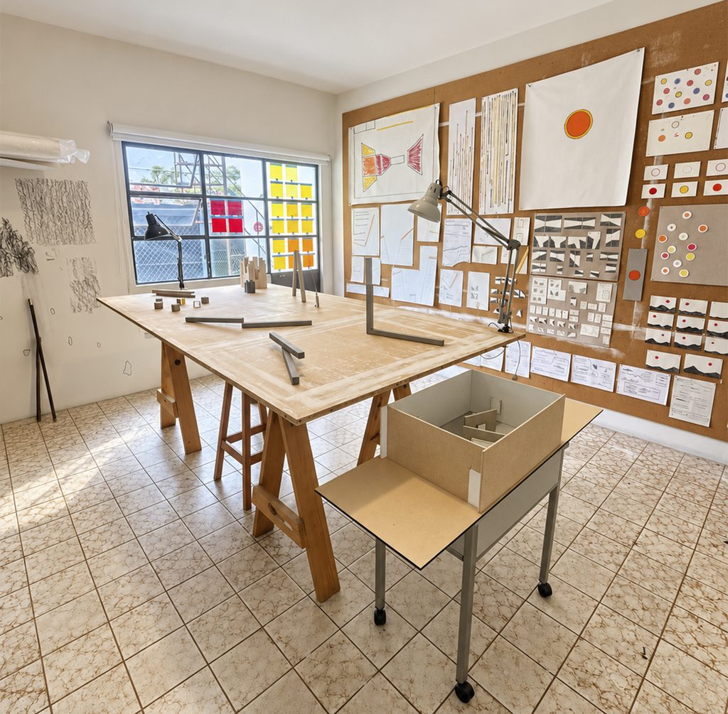 Vista superior en ángulo de una larga mesa de madera en un taller de arte llena de herramientas de trabajo organizadas: tubos de óleo sólido (oil sticks) en tonos amarillos, rosas, naranjas y azules, cintas de enmascarar, reglas, platos de cerámica, un martillo de goma y trapos.