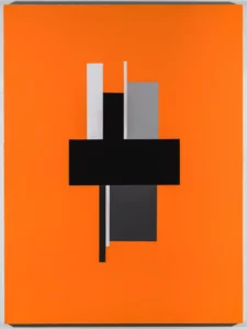 Obra de David Diao con fondo naranja y formas geométricas negras, blancas y grises
