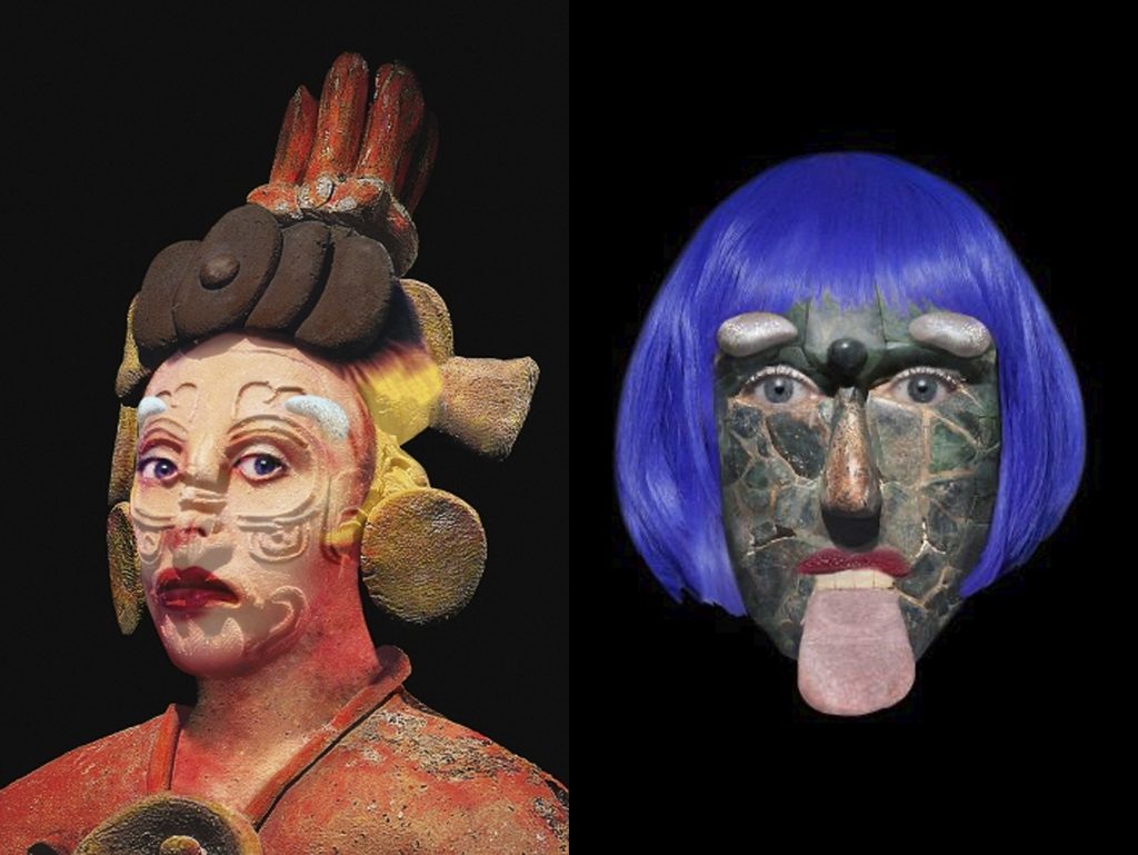 Obra de ORLAN de la serie Self-Hybridations Mayas, con dos figuras que combinan rasgos humanos, elementos escultóricos y transformaciones digitales sobre fondo negro.