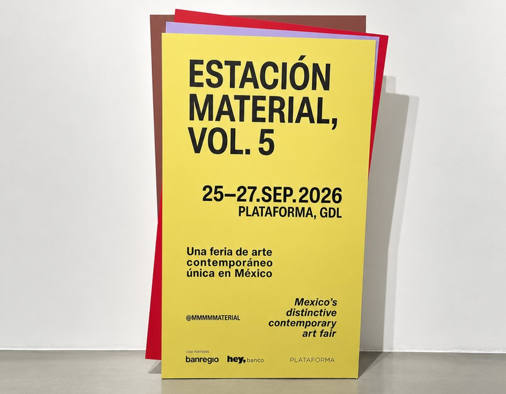 Cartel gráfico publicitario de Estación Material Vol. 5 en tonos amarillo y rojo con tipografía en negro celebrada en Plataforma Guadalajara.