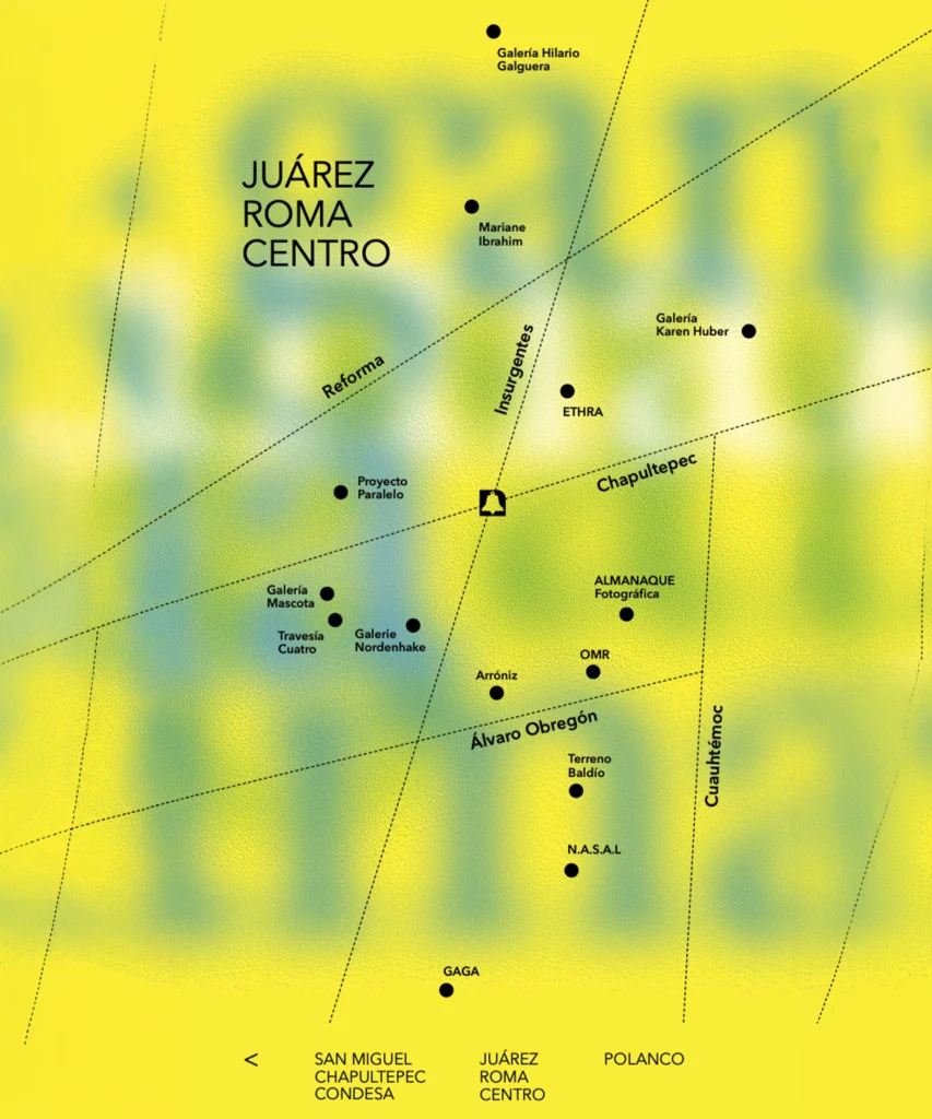 Mapa de GAMA Week 2026 con las galerías y espacios participantes del circuito Juárez, Roma y Centro de la Ciudad de México.