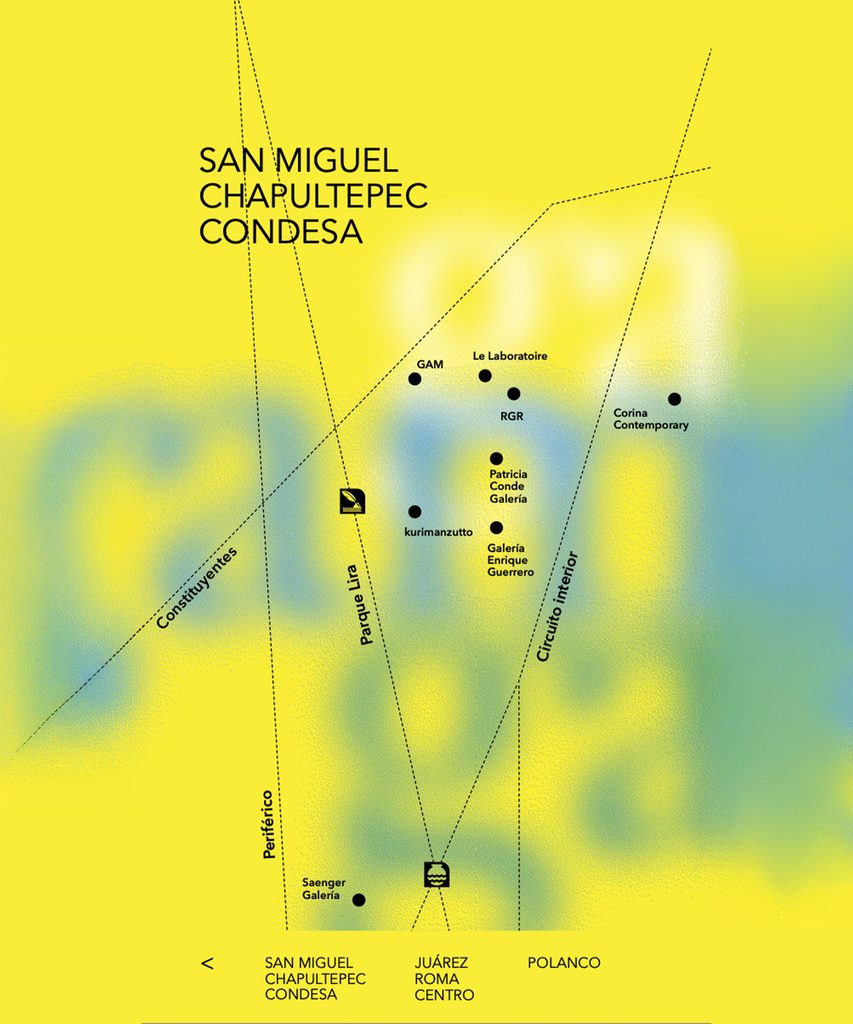 Mapa de GAMA Week 2026 con las galerías participantes en San Miguel Chapultepec y Condesa, en la Ciudad de México.