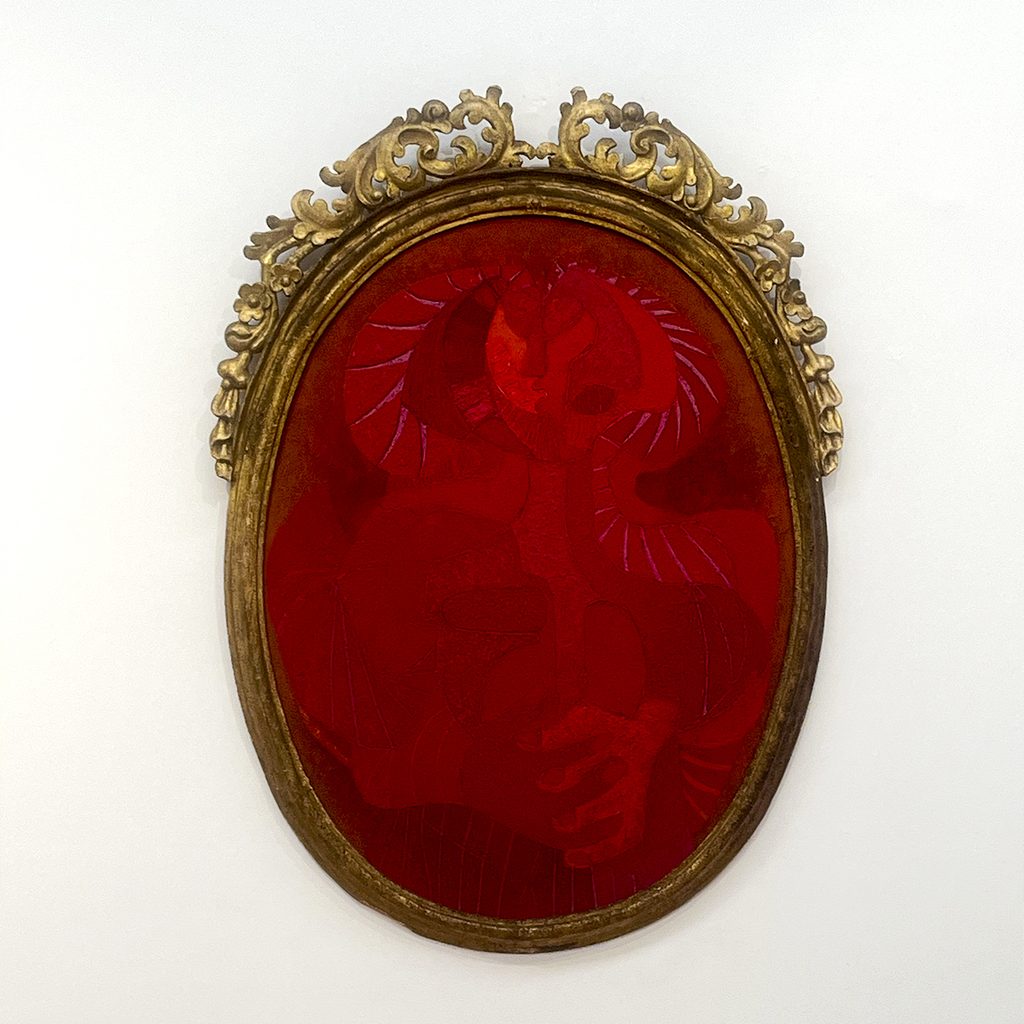 Obra de formato ovalado en tonos rojos exhibida en LS/Galería durante GAMA Week 2026.