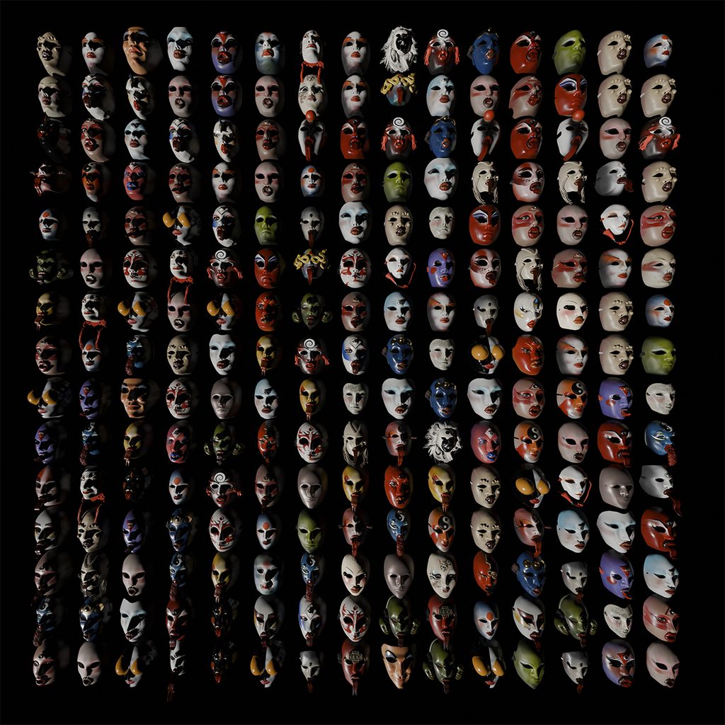 A set of colorful masks by Orly Anan and Brian Close on a black background