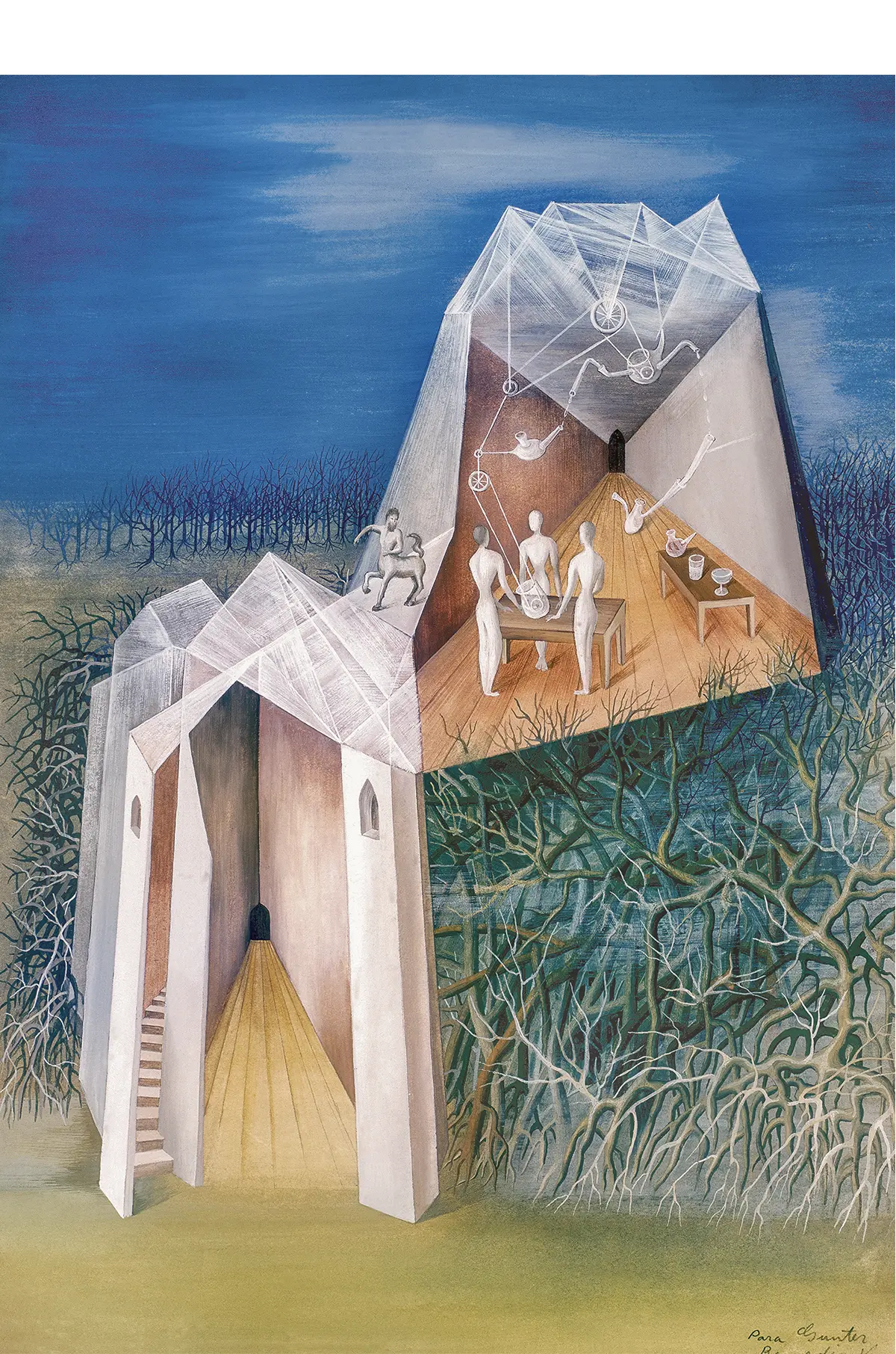 Una torre de formas geométricas ocupa Paisaje, torre, centauro, de Remedios Varo.