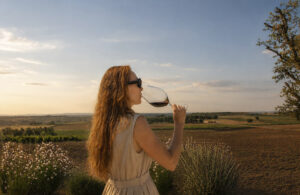 A woman sips a glass of red wine against the backdrop of the Ribera del Duero vineyards at sunset.