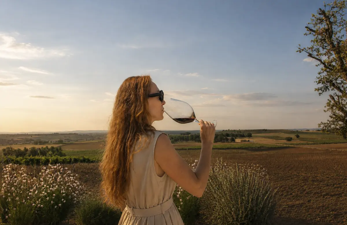 A woman sips a glass of red wine against the backdrop of the Ribera del Duero vineyards at sunset.