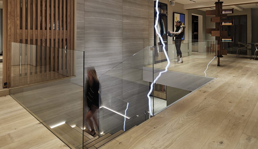Lighting installation around a staircase at CASA HOTBOOK in Mexico City